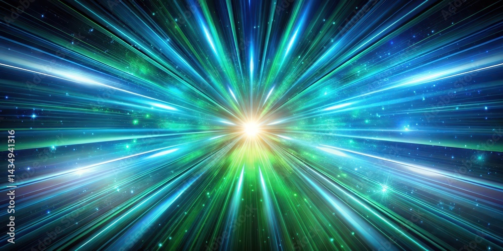 Fototapeta premium Dynamic tunnel speed light abstract background with a blue and green starburst effect, space, glow