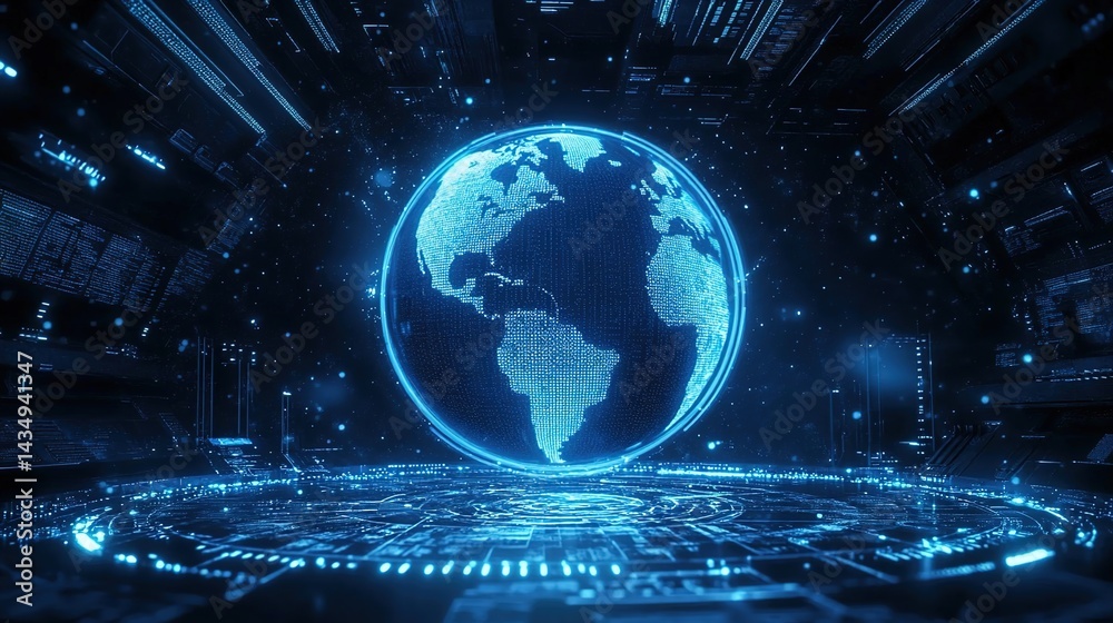 A digital Earth model glowing in blue with a grid and light points on its surface, set against a deep black background with a halo effect, creating a tech-savvy and global atmosphere. A digital Earth model glowing in blue with a grid and light points on its surface, set against a deep black background with a halo effect, creating a tech-savvy and global atmosphere.