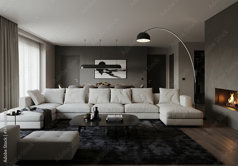 Fototapeta premium A modern living room with a large white sectional sofa and a fireplace in a neutral color scheme