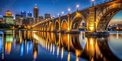 Darkened Stone Arch Bridge at night, illuminated by city lights, with a reflection on the Mississippi River