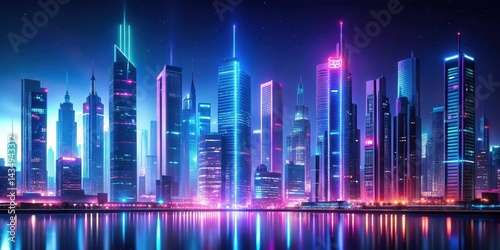 Neon cityscape at night with tall skyscrapers and neon lights glowing in the dark, futuristic, glow,  futuristic, glow