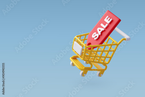 3D Shopping Cart with Sale Tag Icon