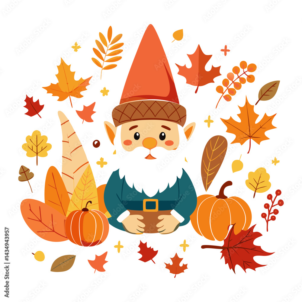 Naklejka premium A gnome sitting on a pumpkin with Thanksgiving decorations clipart, cozy autumn vibes, digital painting, isolated on white background 