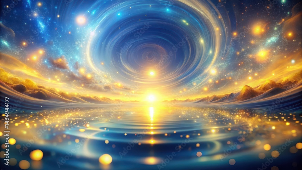 Obraz premium Vortex of blue and yellow lights swirling around a central axis in a dreamy surreal landscape with soft focus and pastel colors, ethereal atmosphere, surrealism
