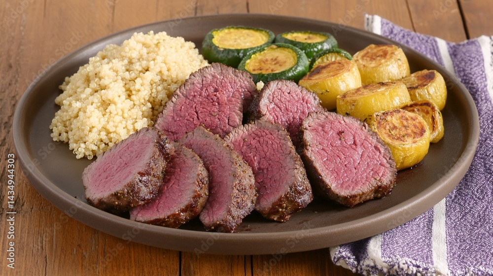 Sliced steak with couscous and roasted vegetables