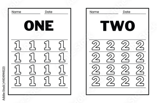 Number tracing practice worksheet with Worksheet for learning numbers. Number training writes and counts numbers. Exercises handwriting practice