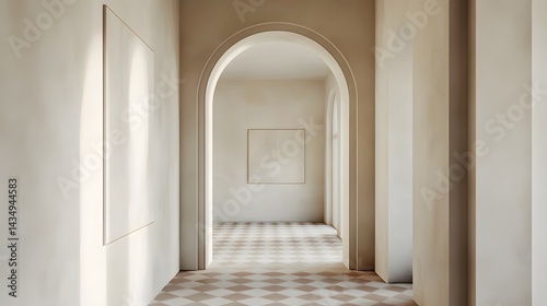 Light and Shadow in Architectural Design: A sunlit corridor framed by elegant arches leads the eye toward a focal point, where the interplay of light and shadow enhances the architectural elements.