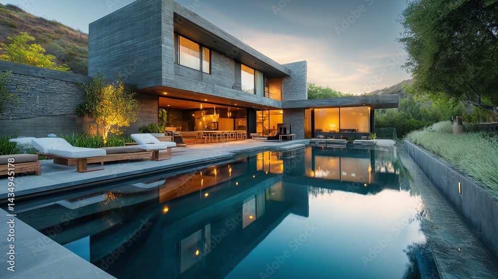 Obraz premium Modern house exterior with pool and landscaping at twilight.