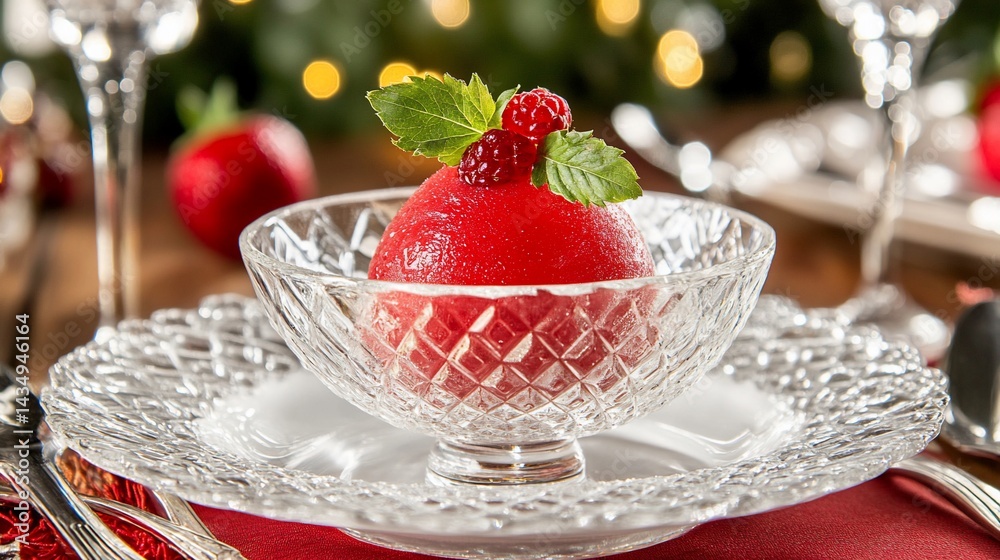 Red dessert sphere with mint in crystal bowl on festive table