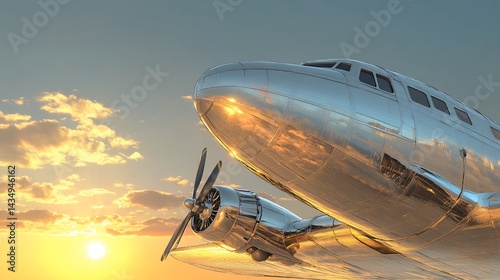 Obraz na płótnie Vintage airplane at sunset. Chrome finish, detailed propeller w salonie