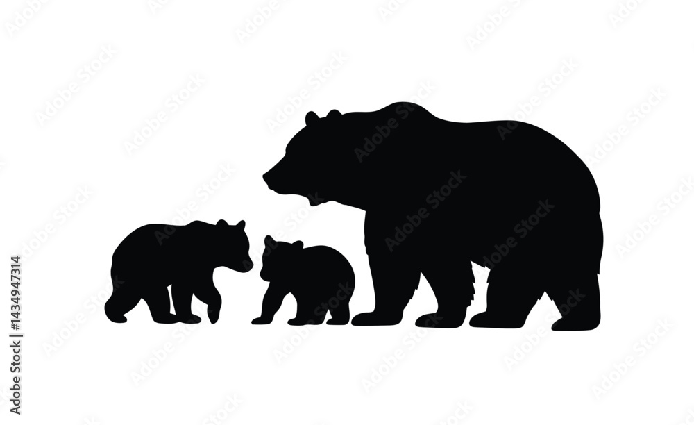 Fototapeta premium Bear family silhouette. This image shows a black silhouette of a bear family, including an adult and cubs, symbolizing togetherness and wildlife. Vector clipart illustration design.