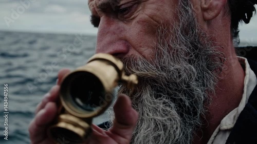 Bearded sailor looking through telescope on sea