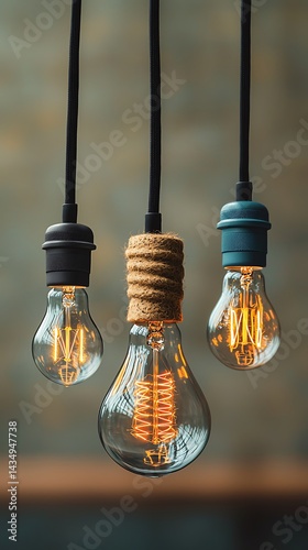 Three glowing light bulbs hanging. Vintage, filament visible, warm tones