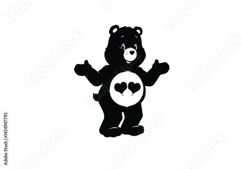 Care bear silhouette. This image shows a black silhouette of a care bear featuring detailed elements like hearts, fluffy fur, and an adorable pose. Vector clipart illustration design.