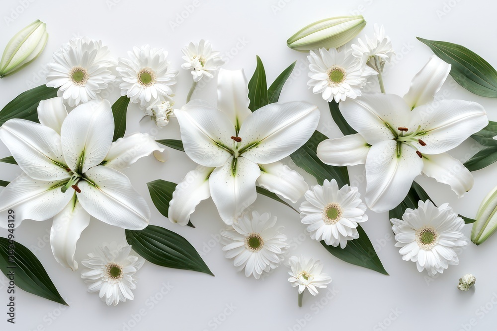 Fototapeta premium A serene arrangement of pure white lilies and daisies, elegantly placed on a crisp white background for a clean monochrome aesthetic.