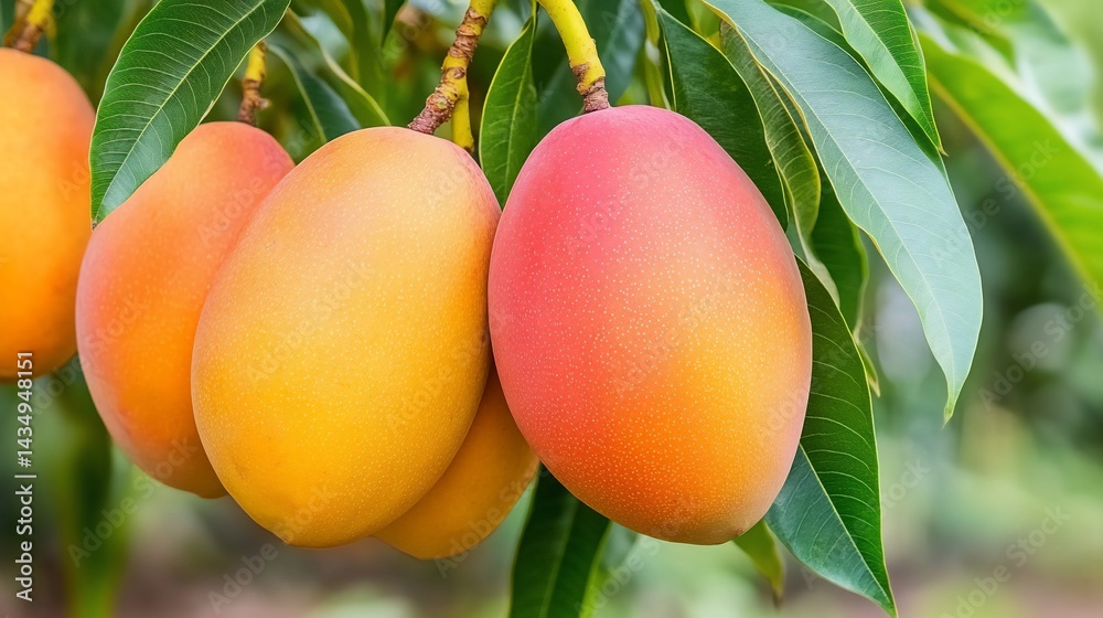 Ripe mangoes hanging on a tree branch, showcasing vibrant yellow-red hues