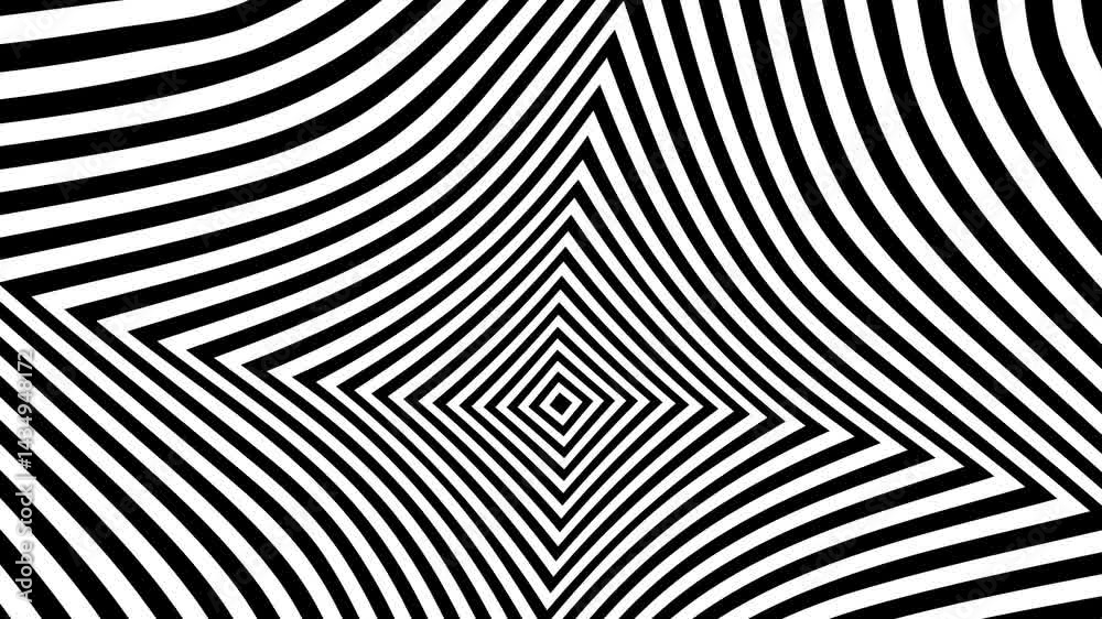 Optical illusion with black and white stripes creating a distorted square tunnel effect