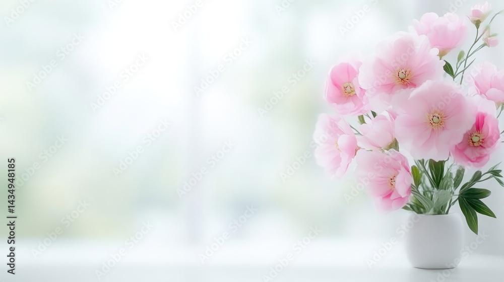 Fototapeta premium Pink Poppies in Vase Soft Floral Style High-Resolution Soft Lighting Horizontal Close-Up View Delicate Petals Peaceful Display Bright Window Background Gentle Serenity Ideal for Greeting Cards