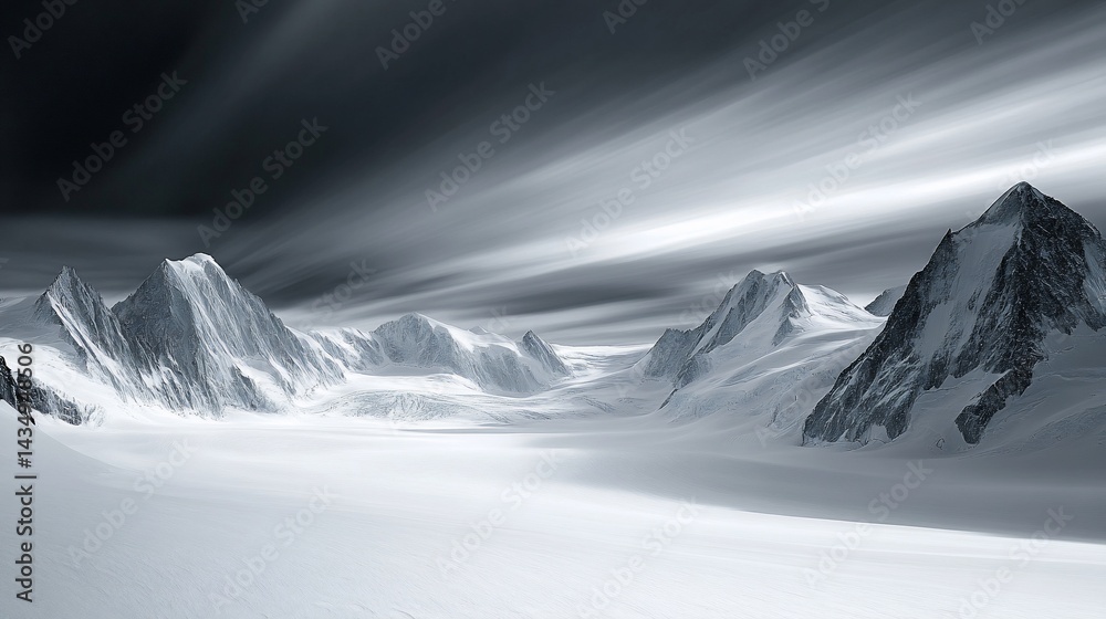 Snowy, mountainous vista under a streaky, monochrome sky