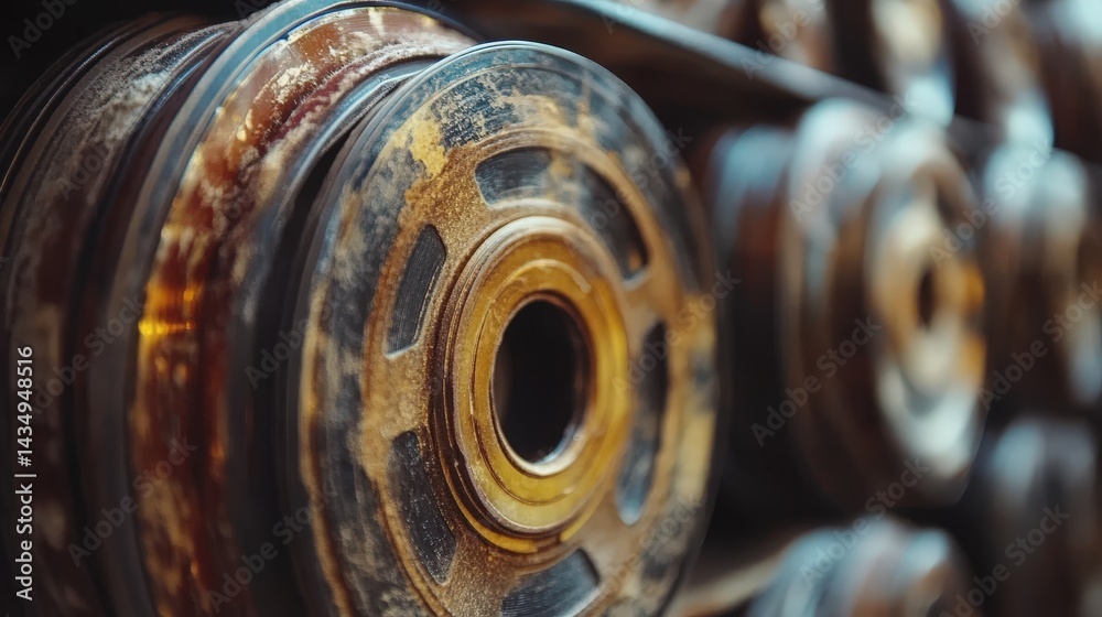 Close-up view of aged industrial machine pulleys on a conveyor belt. Close-up view of aged industrial machine pulleys on a conveyor belt.