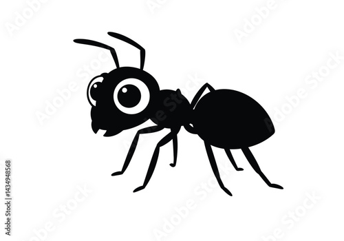 Cartoon ant silhouette. This image shows a black silhouette of a cartoon ant with large eyes, six legs, and antennae, symbolizing a playful and whimsical insect. Vector clipart illustration design.