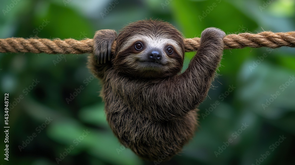 Fototapeta premium A charming, young sloth hangs playfully from a rope.
