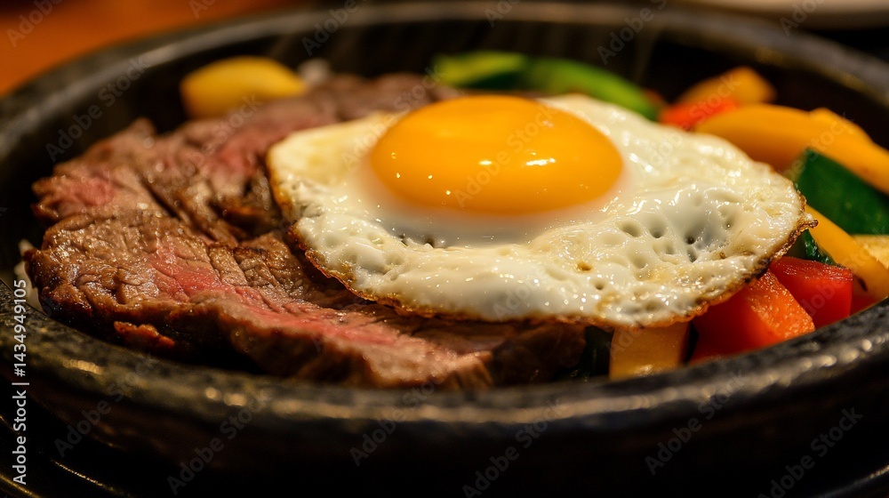 Sizzling steak and egg bowl with vegetables