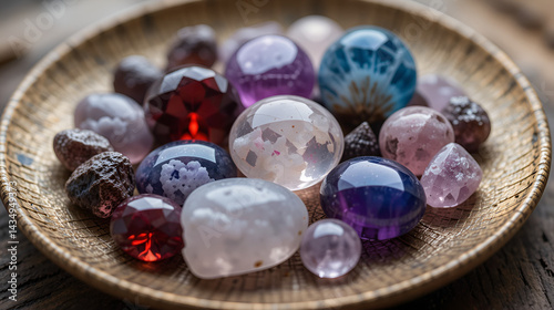 Macro shot of assorted gemstones including quartz garnet calcite amethyst and sodalite beautifully arranged on a textured plate