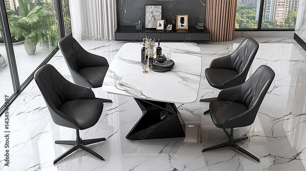 Modern dining set with white marble top and black leather chairs. Sophisticated and stylish design. Sleek and contemporary