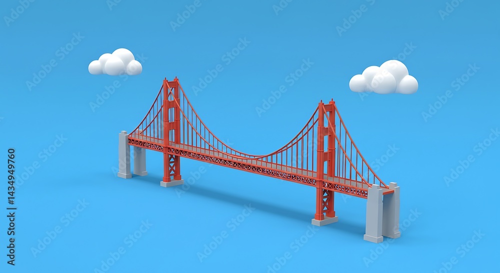 Obraz premium A stylized golden gate bridge illustration with clouds on a plain blue background rendering scene