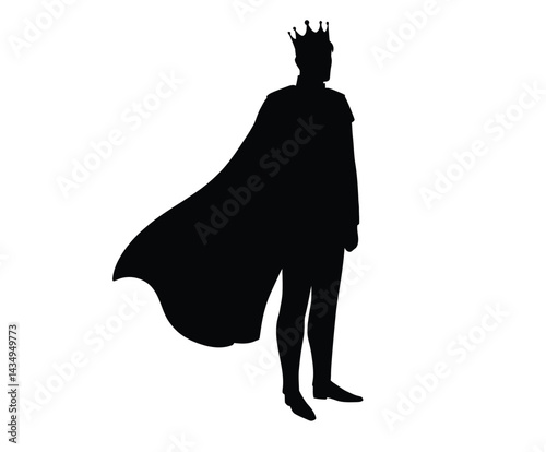 Prince silhouette. This image shows a black silhouette of a prince with a crown and elegant attire, representing royalty and nobility. Vector clipart illustration design.