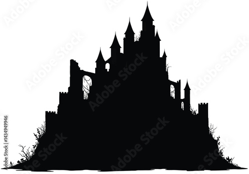 Tangled castle silhouette. This image shows a black silhouette of a medieval castle with detailed towers and turrets, surrounded by overgrown ruins and vegetation. Vector clipart illustration design.