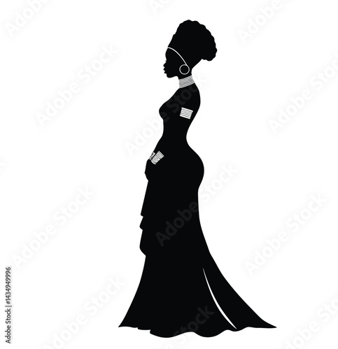African queen silhouette. This image shows a regal woman in profile adorned with a traditional headwrap and jewelry, representing elegance and cultural heritage. Vector clipart illustration design.
