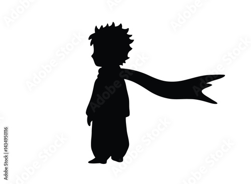 Little prince silhouette. This image depicts a whimsical silhouette of the Little Prince character with spiky hair and a scarf blowing in the wind. Vector clipart illustration design.