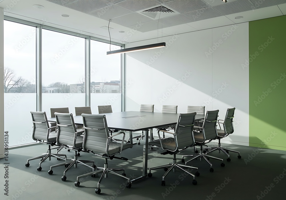 Conference room with large windows, a long table, and multiple office chairs in a modern office space Conference room with large windows, a long table, and multiple office chairs in a modern office space