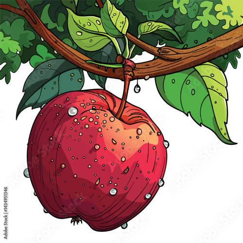 A cute of A close-up of dewdrops on a ripe apple hanging