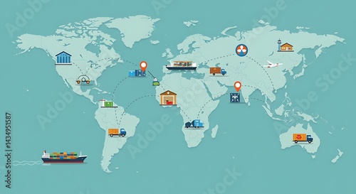 World map showing global logistics network with various transportation methods and infrastructure icons