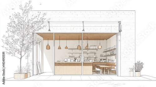 Modern cafe exterior sketch, warm tones, city street, architectural design, potential for print or presentation