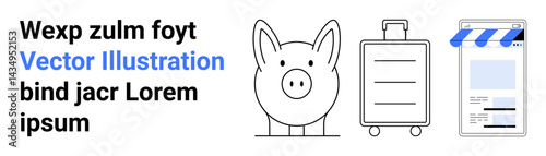Piggy bank for savings, rolling suitcase for travel, and smartphone storefront for online shopping. Ideal for finance, travel, digital commerce, investment, planning, saving tips simple landing page