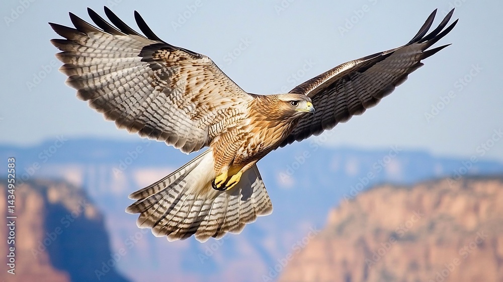 Raptor in flight, majestic wings against a backdrop of desert cliffs