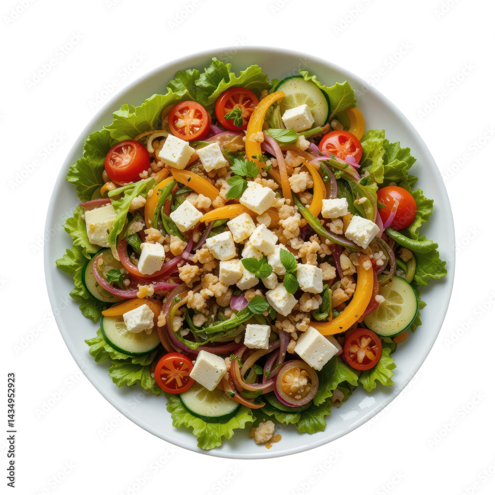 Fresh vegetable salad with cheese cubes and lettuce leaves served on white plate, colorful and healthy meal Fresh vegetable salad with cheese cubes and lettuce leaves served on white plate, colorful and healthy meal