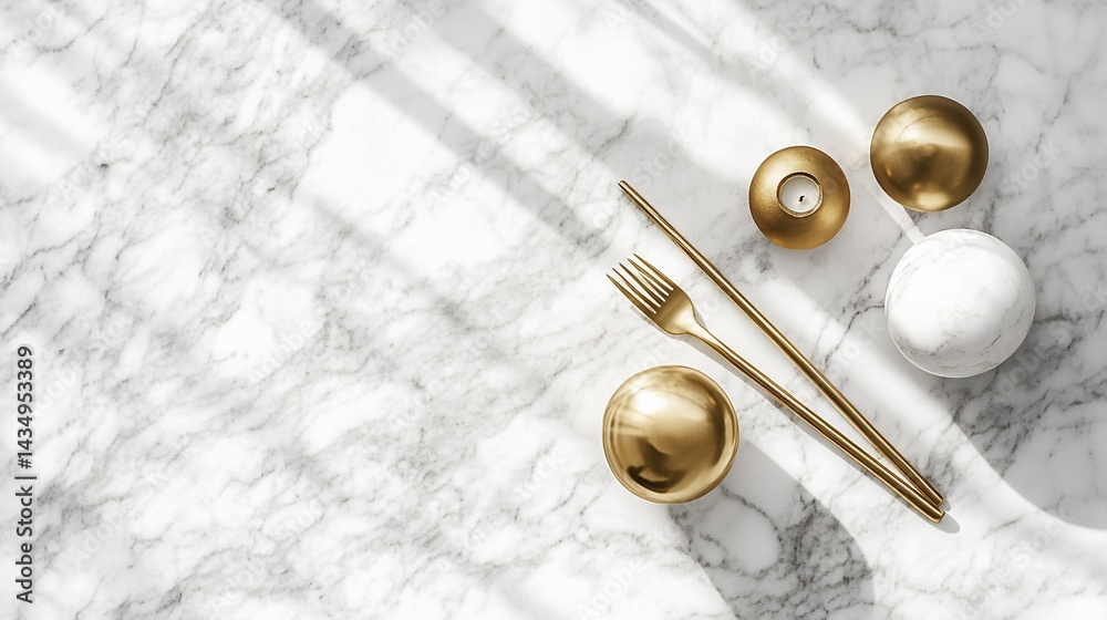 Gold tableware and decorative objects on marble