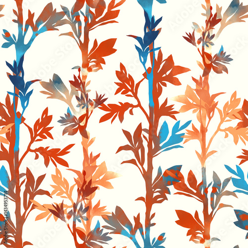Seamless botanical pattern with vertical plant silhouettes and watercolor texture. Stylized leaves, soft contrast, repeating layout for surface design and textile use.