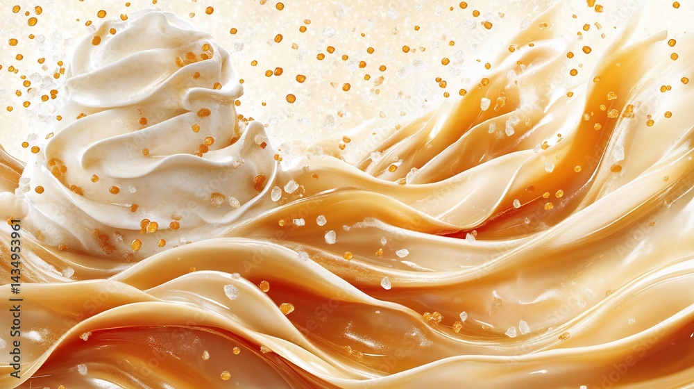 Creamy swirls of caramel and whipped cream, sprinkled with golden granules