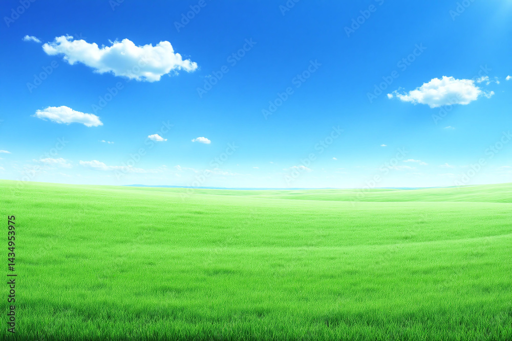 Obraz premium field of green grass under a blue sky with white clouds 1