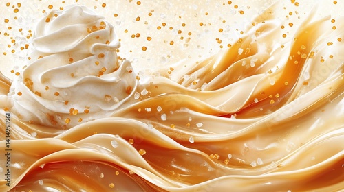 Obraz na płótnie Creamy swirls of caramel and whipped cream, sprinkled with golden granules w salonie