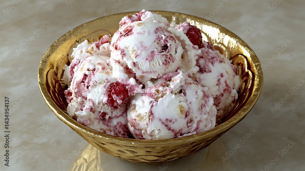 Swirled raspberry ice cream in a golden bowl
