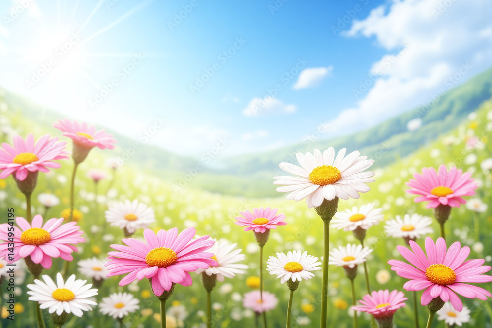 Fototapeta premium field of daisies with the sun shining through them 2