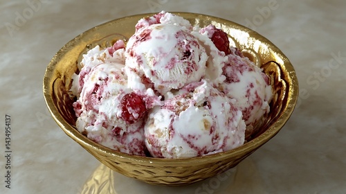 Obraz na płótnie Swirled raspberry ice cream in a golden bowl w salonie