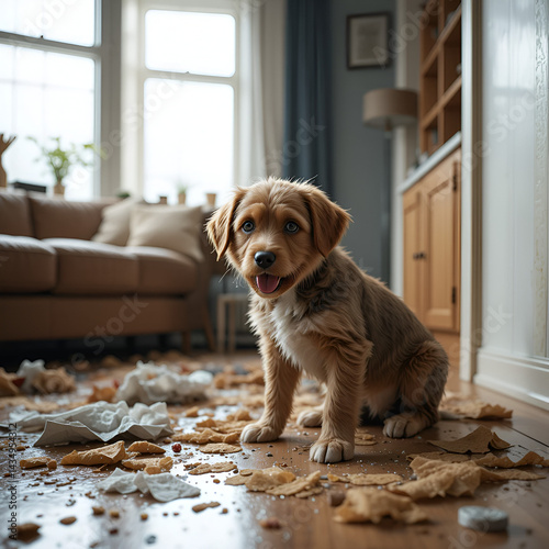 Naughty puppy made a mess in the apartment.